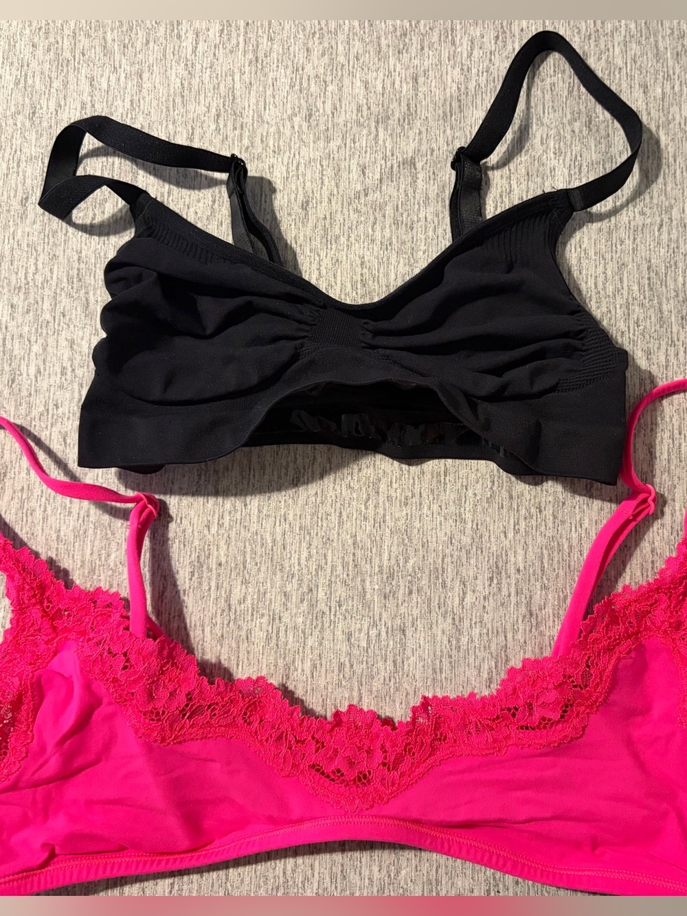 SKIMS Black Seamless Bra and Hot Pink Lace Trim Bralette Duo